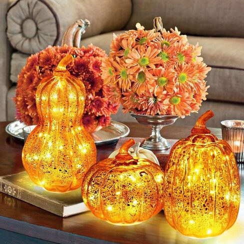 DECORKEY Fall Decorations for Home, Set of 3 Glass Pumpkin with LED Lights Thanksgiving Table Decor, Timer Lighted Pumpkin Decorations for Indoor Fall Mantel Decorating (Orange) in Kuwait