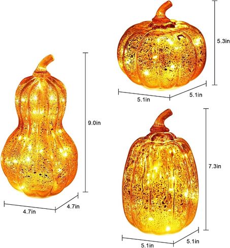 DECORKEY Fall Decorations for Home, Set of 3 Glass Pumpkin with LED Lights Thanksgiving Table Decor, Timer Lighted Pumpkin Decorations for Indoor Fall Mantel Decorating (Orange) in Kuwait