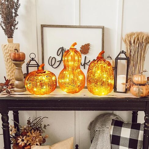 DECORKEY Fall Decorations for Home, Set of 3 Glass Pumpkin with LED Lights Thanksgiving Table Decor, Timer Lighted Pumpkin Decorations for Indoor Fall Mantel Decorating (Orange) in Kuwait
