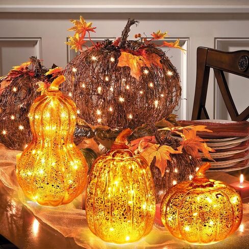 DECORKEY Fall Decorations for Home, Set of 3 Glass Pumpkin with LED Lights Thanksgiving Table Decor, Timer Lighted Pumpkin Decorations for Indoor Fall Mantel Decorating (Orange) in Kuwait