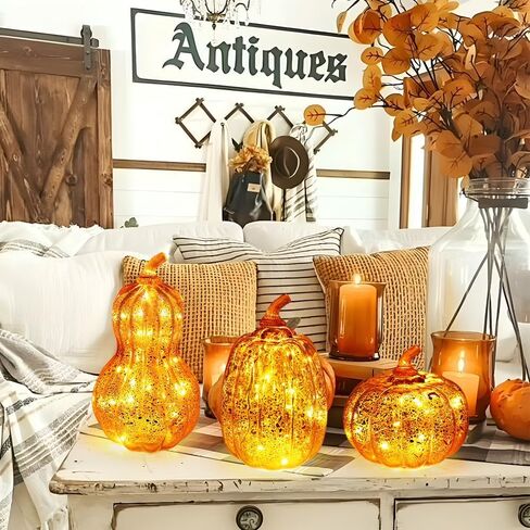 DECORKEY Fall Decorations for Home, Set of 3 Glass Pumpkin with LED Lights Thanksgiving Table Decor, Timer Lighted Pumpkin Decorations for Indoor Fall Mantel Decorating (Orange) in Kuwait