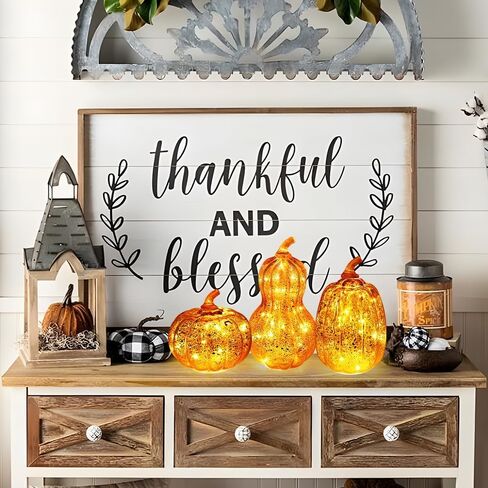 DECORKEY Fall Decorations for Home, Set of 3 Glass Pumpkin with LED Lights Thanksgiving Table Decor, Timer Lighted Pumpkin Decorations for Indoor Fall Mantel Decorating (Orange) in Kuwait