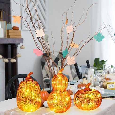 DECORKEY Fall Decorations for Home, Set of 3 Glass Pumpkin with LED Lights Thanksgiving Table Decor, Timer Lighted Pumpkin Decorations for Indoor Fall Mantel Decorating (Orange) in Kuwait