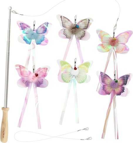 SONGWAY Cat Butterfly Toys Wand - 7 Pieces Cat Toy Set, Retractable Cat Wand with 6 Butterfly Cat Toys Replacement with Bells, Interactive Cat Toys for Indoor Cats Kittens in Saudi Arabia
