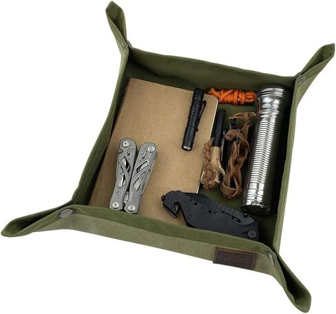 Hide & Drink, Foldable Valet Tray Handmade from Water Resistant Canvas - Perfect Storage for Keys, Change, Coins, Watch, Small Personal Items - Table, Nightstand or Desk Organizer - Olive in Saudi Arabia