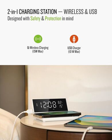Charge Rise II, SFQ-20: Digital Alarm Clock, with Dual Alarms, Fast USB Charger and Wireless Charger, White in Saudi Arabia
