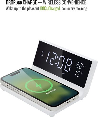 Charge Rise II, SFQ-20: Digital Alarm Clock, with Dual Alarms, Fast USB Charger and Wireless Charger, White in Saudi Arabia