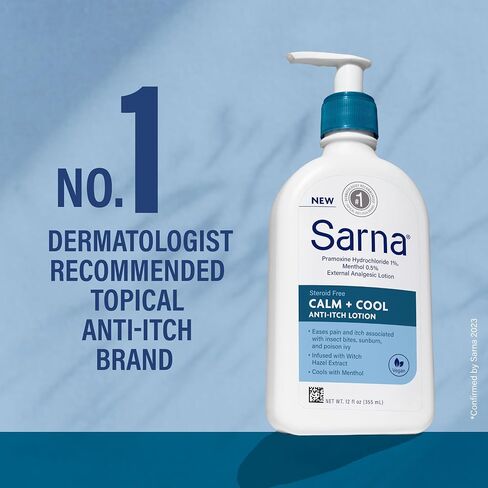 Sarna Calm + Cool Anti-Itch Lotion, Soothe and Relieve Pain and Itch from Insect Bites, Sunburn, & Poison Ivy, Contains 1% Pramoxine Hydrochloride, 0.5% Menthol, Vegan, Steroid-Free, 7.5oz in Saudi Arabia