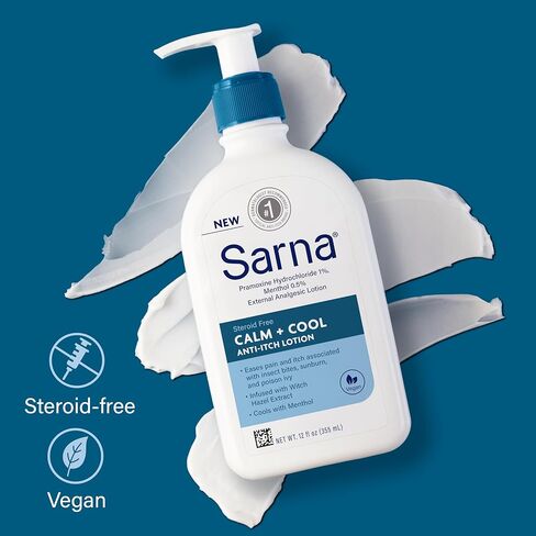 Sarna Calm + Cool Anti-Itch Lotion, Soothe and Relieve Pain and Itch from Insect Bites, Sunburn, & Poison Ivy, Contains 1% Pramoxine Hydrochloride, 0.5% Menthol, Vegan, Steroid-Free, 7.5oz in Saudi Arabia