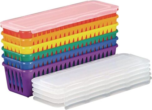 Really Good Stuff Storage Baskets, Set of 6 - Rainbow Colors with Sliding Lids - Plastic Mesh Bins for Pencils, Markers, Art Supplies - 3.25x10x2.5 inches in Saudi Arabia