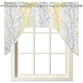 Kitchen Curtain Tiers and Swag Valance Set, Yellow Gray Tier Curtains 24 Inch Length for Room Decor, Pastoral Botanical Branch Aesthetics Bathroom Valance 36", Tier Curtains 27.5 in x 24 in