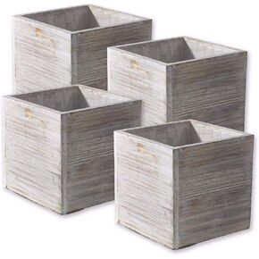 Wood Planter Box Set, Rustic Whitewash, Plastic Liners, 5 Inch Square Flower Holder, Natural Barn Wood Decor, Country Style, Home and Wedding Decorations, Garden Ornaments, (Beige Brown) (Set of 4)