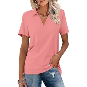 ORANDESIGNE Women's Short Sleeve V Neck Polo Shirts Summer Collared Tops Casual Loose Tees Tops
