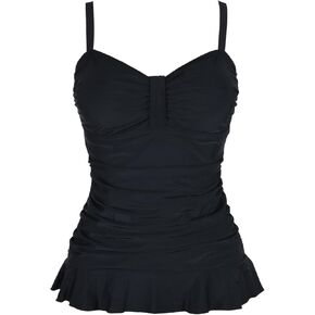 Hilor Women's 50's Retro Ruched Tankini Swimsuit Top with Ruffle Hem Bathing Suit Top Tummy Control Swim Tops