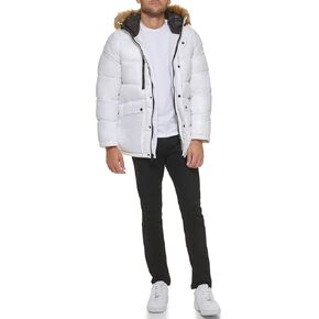 GUESS Men's Mid-Weight Puffer Jacket with Removable Hood, HOT Orange