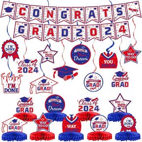 مجموعة ديكورات التخرج 21 قطعة 2024 تتضمن لافتة Congrats Grad وقطع مركزية على شكل قرص العسل ومجموعة دوامة معلقة لاحتفالات المدرسة الثانوية والكلية لوازم الحفلات ذات الطابع الماروني والذهبي