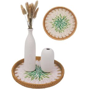 Aoligrace Rattan Decorative Tray, Round Serving Tray for Storage and Display of Coffee Bread Food Fruit, Wicker Vintage Boho Decor for Home Kitchen Farmhouse, Handmade Wedding Housewarming Gifts