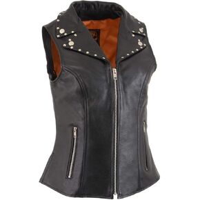 Milwaukee Leather MLL4503 Women's Black V-Neck Leather Classic Motorcycle Rider Vest w/Riveted Lapel Collar - 3X-Large