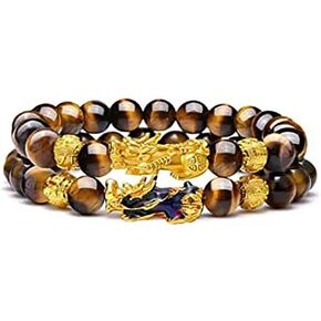 2pcs Pixiu Green Jade Natural Stone Change Color Elastic&Braided String Rope Bracelet Brave Troops Lucky Wealth Bracelet for Women Men Gift