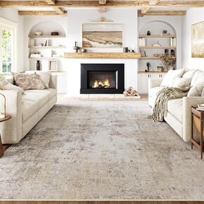 8x10 Washable Area Rug Beige Grey Abstract Modern Living Room Bedroom Large Throw Rug Non Slip Soft Distressed Low Pile Neutral Indoor Floor Carpet for Dining Room Kitchen Office Entryway Decor