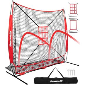 Bearwill Baseball Net, 7x7ft Baseball Softball Practice Net with Large Ball Collection System, Pitching Net with Batting Tee, 2 Strike Zone, Carry Bag, Baseball Nets for Batting Hitting Pitching