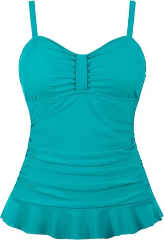 Hilor Women's 50's Retro Ruched Tankini Swimsuit Top with Ruffle Hem Bathing Suit Top Tummy Control Swim Tops in Saudi Arabia