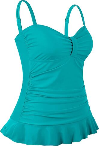 Hilor Women's 50's Retro Ruched Tankini Swimsuit Top with Ruffle Hem Bathing Suit Top Tummy Control Swim Tops in Saudi Arabia