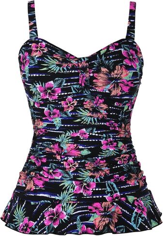 Hilor Women's 50's Retro Ruched Tankini Swimsuit Top with Ruffle Hem Bathing Suit Top Tummy Control Swim Tops in Saudi Arabia