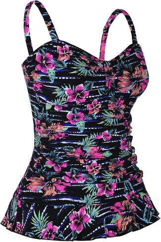 Hilor Women's 50's Retro Ruched Tankini Swimsuit Top with Ruffle Hem Bathing Suit Top Tummy Control Swim Tops in Saudi Arabia