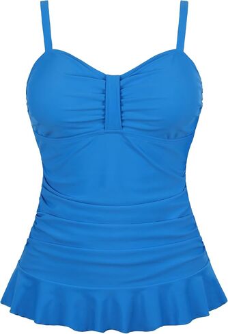 Hilor Women's 50's Retro Ruched Tankini Swimsuit Top with Ruffle Hem Bathing Suit Top Tummy Control Swim Tops in Saudi Arabia