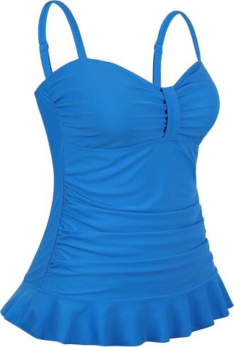 Hilor Women's 50's Retro Ruched Tankini Swimsuit Top with Ruffle Hem Bathing Suit Top Tummy Control Swim Tops in Saudi Arabia
