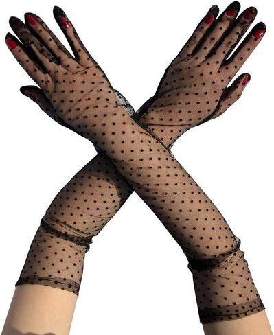 Aniler Women's Elbow Length Bridal Wedding Lace Mesh Polka Dot Long Full Finger Costume Party Prom Gloves in Saudi Arabia