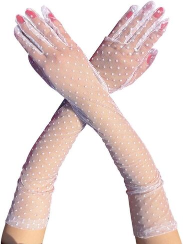 Aniler Women's Elbow Length Bridal Wedding Lace Mesh Polka Dot Long Full Finger Costume Party Prom Gloves in Saudi Arabia