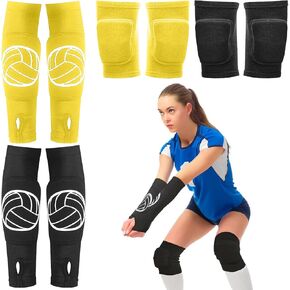 2 Set Volleyball Knee Pads and Volleyball Arm Sleeves with Protection Pad Compression Forearm Wrist Guard with Thumb Hole Soft Breathable Pads for Women Kids Girls Youth Hitting Passing (Black, Blue)