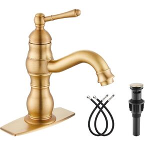Bathroom Sink Faucet Single Hole 1 Handle Deck Mount Single Handle Brass Bathroom Sink Faucet Farmhouse Mixer Tap with Drain,‎Short-Spout Reach 7.09 Inch,Antique Brass