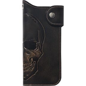 HoJ Co. Skull Long Bifold Wallet with Grommet | Biker Wallet | Trucker Wallet | Full Grain Cowhide with Handburnished Skull Graphic