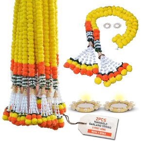 Marigold Garland for Decoration 5 Feet Long Artificial Marigold Flowers 2 Pc, Christmas Decorations Indian Décor for Pooja, Wedding, Events, Diwali, Halloween Decor with 2 Diyas