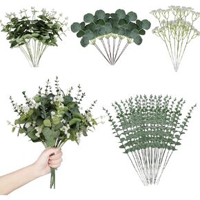 Artificial Eucalyptus Leaves Stems 120 Pcs 4 Kinds Mixed Fake Silver Dollar Eucalyptus Leaves Stem Bulk Faux Leaf for DIY Bouquets Floral Arrangement Wedding Home Decor