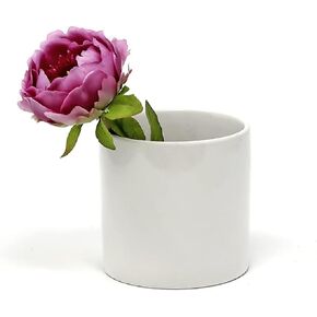 Serene Spaces Living Glossy White Ceramic Cylinder Vase: Contemporary Floral Container, Planter Pot, Mini Centerpiece for Wedding, Party, Event, Office, Home Decor, 4" Diameter & 4" Tall