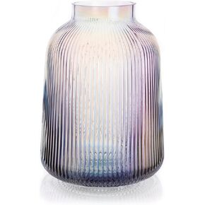 Ribbed Glass Vase, Fluted Glass Vase, Colored Glass Vase, Amber Flower Vase, Clear Glass Flower Vases for Centrepiece, Large Round Glass Vase, Decorative Vases for Living Room, Elegant Flower Vase