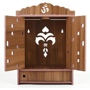 Brown Wood Home Temple with Storage Box, Wall Hanging and Table Top Home Mandir Temple, Handmade, Laser Cut, Best for Home Decor