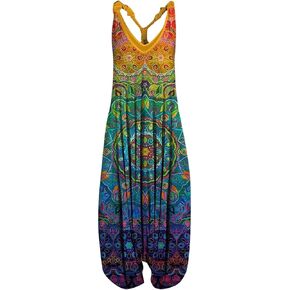 NAMTYQX 2024 Plus Size Boho Summer Fashion Overalls for Women′s Baggy Pants Loose Fit Rompers Travel Floral Printed Jumpsuits