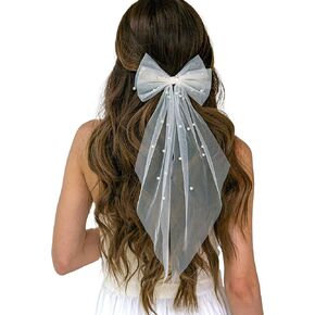 YAEISM Wedding Veil Large Bow Bachelorette Veil White Bow Bridal Veil Double Bowknot Cathedral Veil Tulle Layer Hair Clip Bridal Bridesmaid Gift for Women and Girls