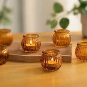 Romadedi Votive Tealight Candle Holders - 24 pcs Amber Glass Tea Light Holder Bulk Table Centerpiece Boho Wedding Decor Vintage Party Dinner Home Fall Decoration Festivals Christmas