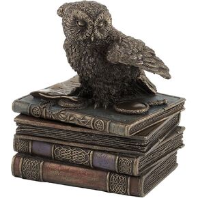 US 4.75 Inch Snow Owl Flap Wings on Books Trinket Box, Bronze Color