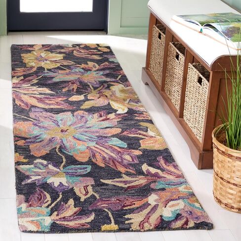 سجادة SAFAVIEH Blossom Collection - 2'3" x 8'، فحمي وبرقوق، تصميم زهور، صوف مصنوع يدويًا، مثالية لغرفة المعيشة وغرفة النوم وغرفة الطعام (BLM467H-28) in Saudi Arabia