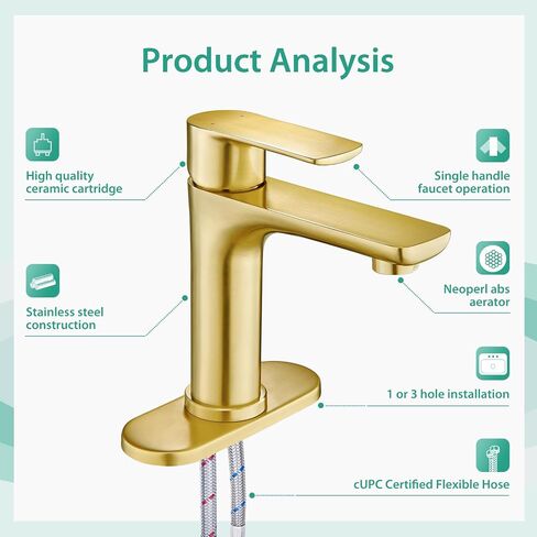 Faustina Gold Bathroom Faucet Single Hole Bathroom Faucet,Three Holes Bathroom Faucet Vessel Sink Faucet, Basin Faucets with Pop Up Drain，Bar Vanity Faucet in Saudi Arabia