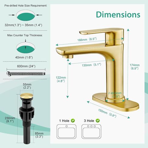 Faustina Gold Bathroom Faucet Single Hole Bathroom Faucet,Three Holes Bathroom Faucet Vessel Sink Faucet, Basin Faucets with Pop Up Drain，Bar Vanity Faucet in Saudi Arabia