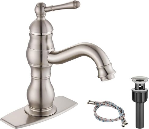 Bathroom Sink Faucet Single Hole 1 Handle Deck Mount Single Handle Brass Bathroom Sink Faucet Farmhouse Mixer Tap with Drain,‎Short-Spout Reach 7.09 Inch,Antique Brass in Kuwait