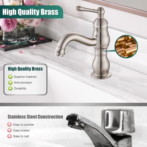 Bathroom Sink Faucet Single Hole 1 Handle Deck Mount Single Handle Brass Bathroom Sink Faucet Farmhouse Mixer Tap with Drain,‎Short-Spout Reach 7.09 Inch,Antique Brass in Kuwait
